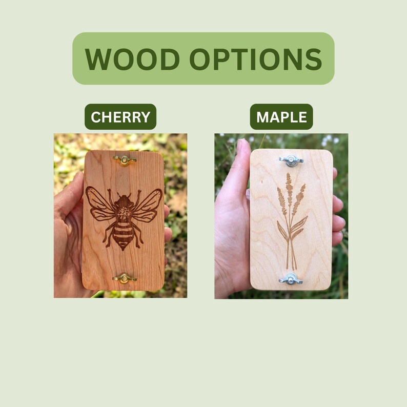 May include: The image displays two rectangular wooden items, labeled "Cherry" and "Maple." The cherry wood features a detailed bee engraving, while the maple wood showcases a plant design. Both have metal hardware.