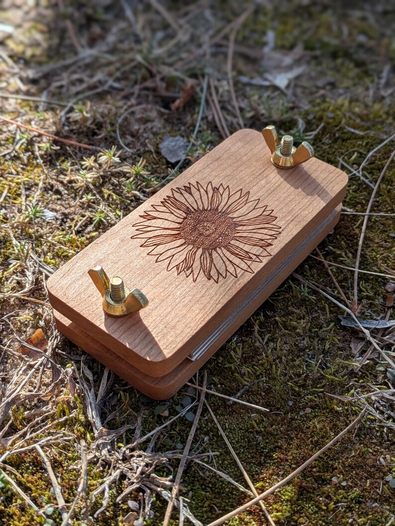 Mini Flower Press With Sunflower Design | Gift For Nature Lover Or Traveler | Sunflower Gift | 2" x 4" image 14