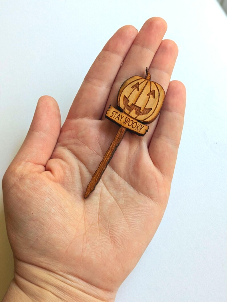 May include: A wooden Halloween decoration with a carved pumpkin face and the text "STAY SPOOKY" on a sign.