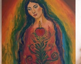Mother Mary Sacred Heart Painting • Divine Feminine Art • Original 24x30 Canvas • Spiritual Home Decor • Healing Madonna Artwork