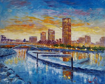 Charlotte NC-KoKing FORT-k1096-Home Decor Holiday Artwork Texture Painting Dining Wall Art Skyline from High Way