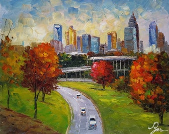 Charlotte NC-KoKing FORT-k1096-Home Decor Holiday Artwork Texture Painting Dining Wall Art Skyline from High Way