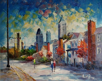 Charlotte NC-KoKing FORT-k1096-Home Decor Holiday Artwork Texture Painting Dining Wall Art Skyline from High Way
