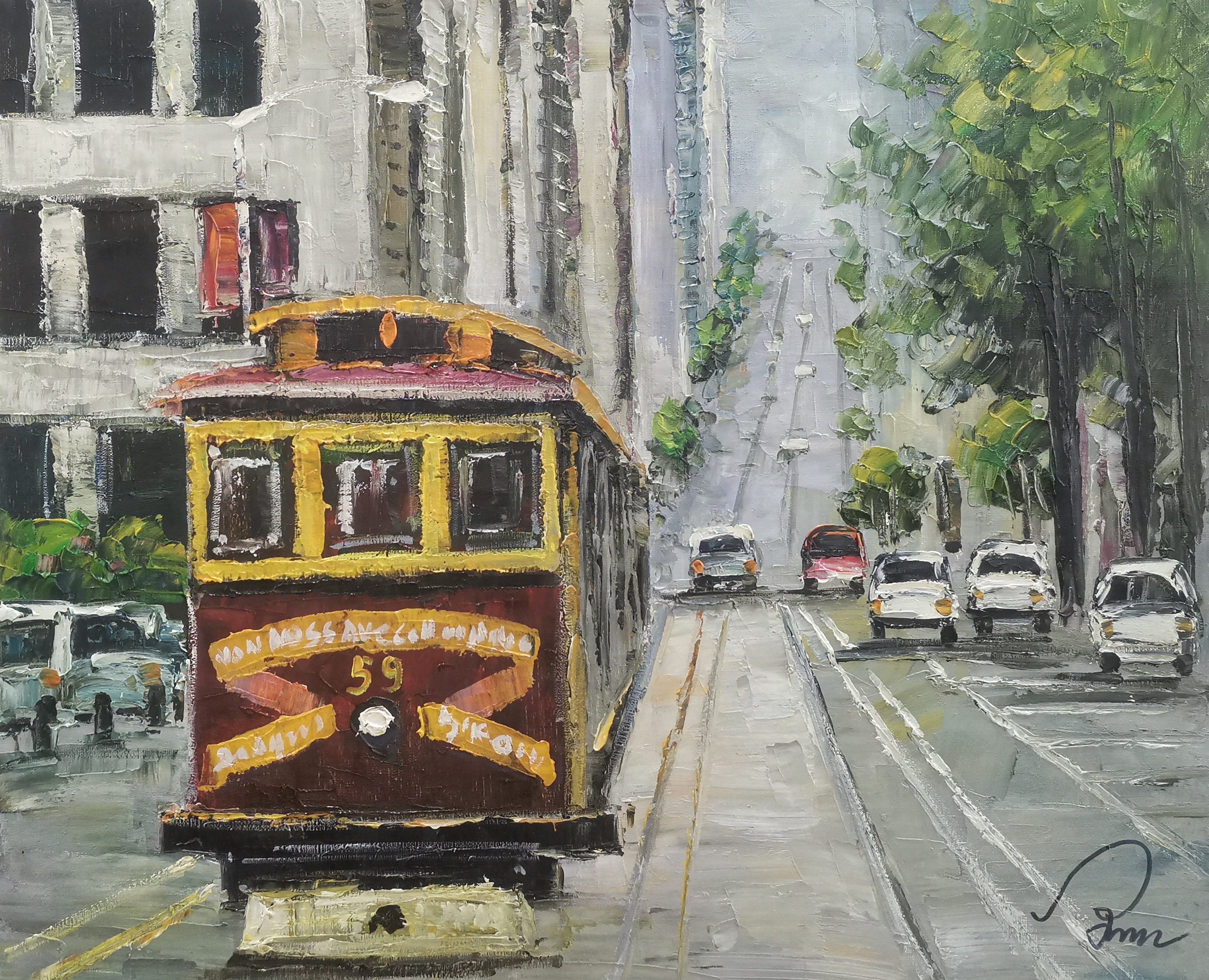 【F50号】sunday park サンデーパーク原画 oil painting Van Ness Avenue Californnia,market Street,san Francisco Cable Bus
