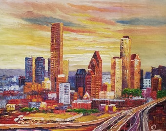 Puede incluir: Una pintura de un horizonte urbano al atardecer. Los edificios están pintados en tonos de naranja, amarillo y marrón. El cielo es de un naranja y amarillo vibrantes. La pintura está realizada en un estilo pictórico, con pinceladas visibles.
