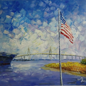 USA Flag Yorktown Aircraft Carrier and Bridge, Charleston SC-KoKing FORT-k313-Home Decor Holiday Artwork Texture Painting Dining Wall Art