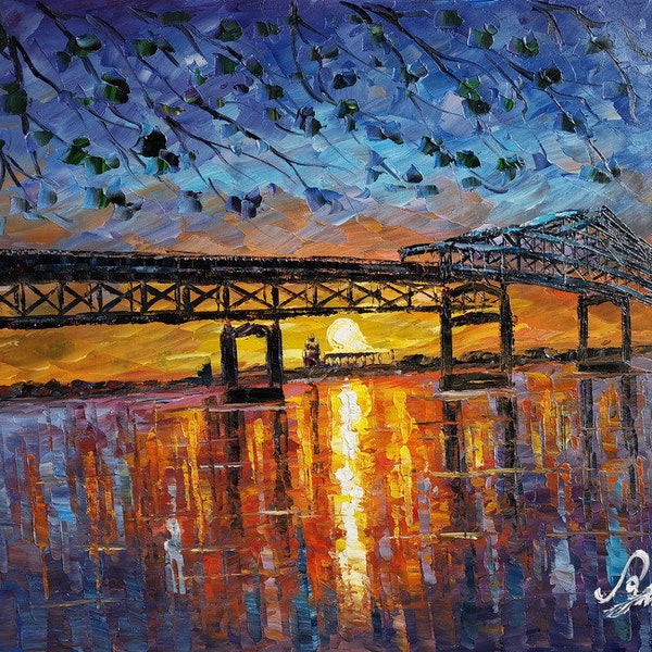 Bridge Mississippi River, Baton_Rouge Louisiana-KoKing FORT-k1018-Home Decor Holiday Artwork Texture Painting Dining Wall Art