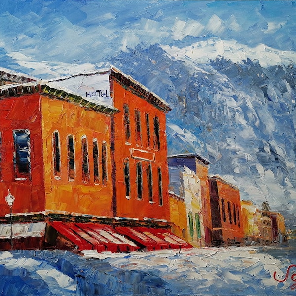 Snowed Downtown Telluride Colorado-KoKing Fort-K940-Home Decor Holiday Artwork Texture Painting Dining Wall Art