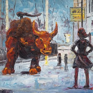 Wall Street Bull and Girl, NYC-KoKing FORT-k1695-Home Decor Holiday Artwork Texture Painting Dining Wall Art