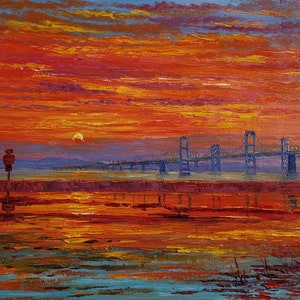 Chesapeake Bay Bridge, Virginia Beach Near Norfolk -Koking FORT-z482-Home Decor Holiday Artwork Texture Painting Dining Wall Art