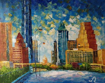 Downtown Austin skyscrapers Texas Capitol-KoKing FORT-k461-Home Decor Holiday Artwork Texture Painting Dining Wall Art