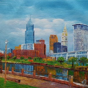 Cleveland Skyline River And Bridge At Sunrise-KoKing FORT-z337-Home Decor Holiday Artwork Texture Painting Dining Wall Art