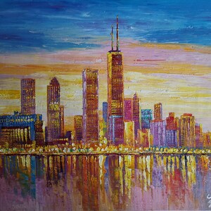 Chicago Skylines Sunset-KoKing FORT-z388-Home Decor Holiday Artwork Texture Painting Dining Wall Art