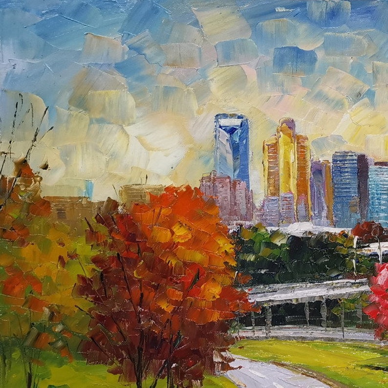 Charlotte NC-KoKing FORT-k1096-Home Decor Holiday Artwork Texture Painting Dining Wall Art Skyline from High Way