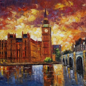 Night Thames River, Bridge Big Ben, Londres ROYAUME-UNI-KoKing FORT-k1569-Home Decor Holiday Artwork Texture Painting Dining Wall Art