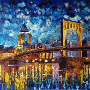 Pittsburgh 9th Street Bridge At Night-KoKing FORT-k174-Home Decor Holiday Artwork Texture Painting Dining Wall Art