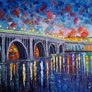 Key Bridge & Georgetown at Night, Washington DC-KoKing FORT-k1419-Home Decor Holiday Artwork Texture Painting Dining Wall Art