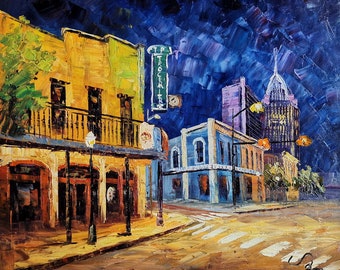 Downtown at Night, Dauphin Street, Downtown Mobile, Alabama-KoKing FORT-k2067-Home Decor Holiday Artwork Texture Painting Dining Wall Art