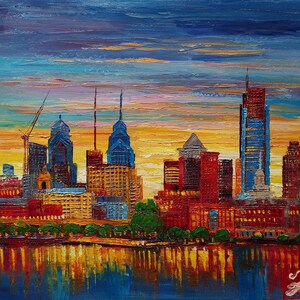 Sunset Philadelphia skyline-KoKing FORT-z137-Home Decor Holiday Artwork Texture Painting Dining Wall Art