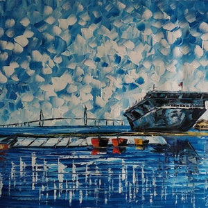 May include: A painting of a large ship docked at a pier with a bridge in the background. The sky is a bright blue with white clouds. The water is a dark blue with reflections of the ship and the bridge.