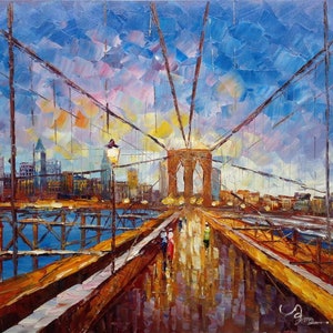 Brooklyn Bridge at Sunset, NY City-KoKing FORT-k434-Home Decor Holiday Artwork Texture Painting Dining Wall Art
