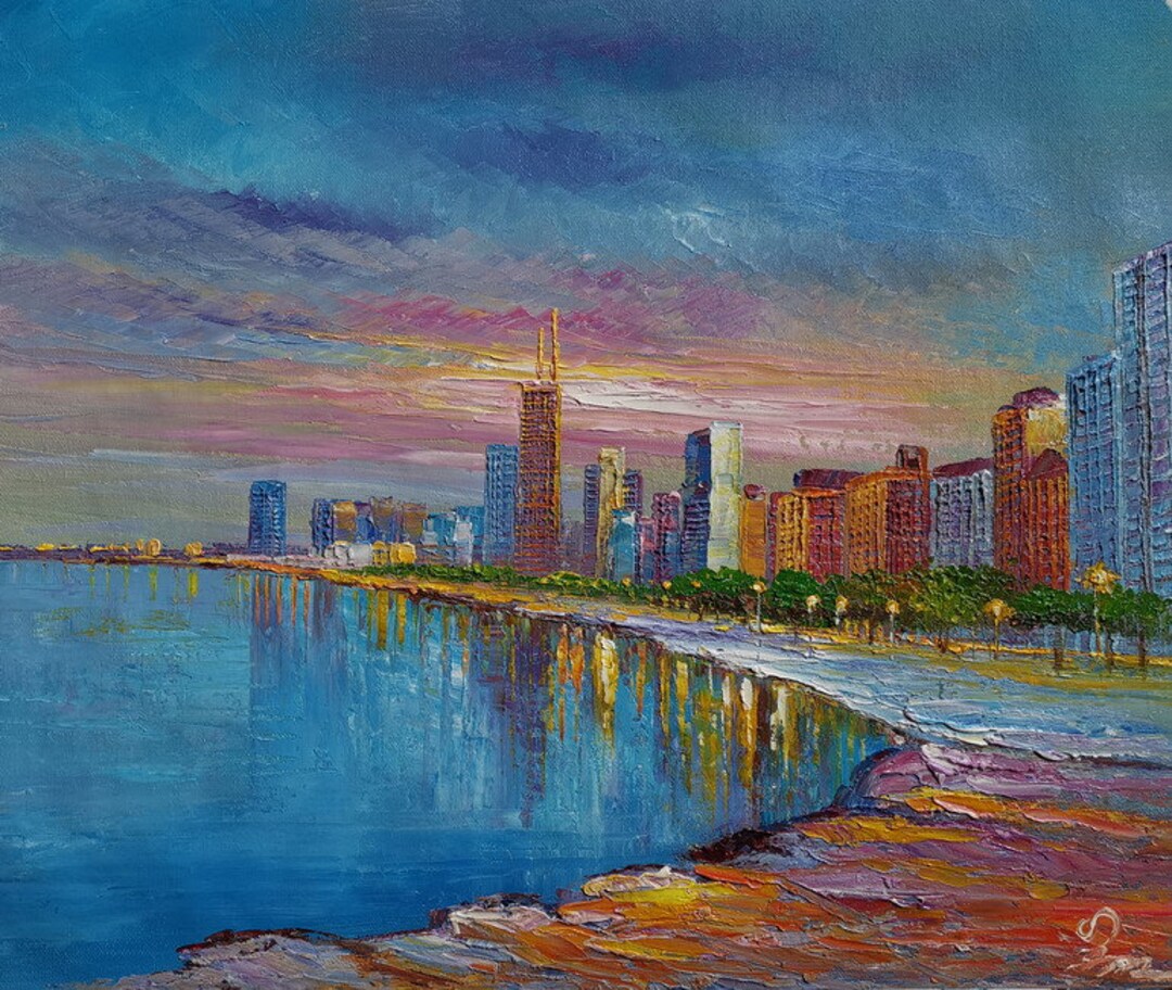 Melanie Kent「Chicago Avenue」額装 版画 #234 Chicago Skylines IL From Lake-koking Fort-z473-home Decor Holiday
