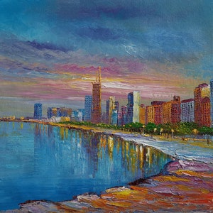 Chicago Skylines IL From Lake-Koking FORT-z473-Home Decor Holiday Artwork Texture Painting Dining Wall Art