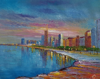 Chicago Skylines IL From Lake-Koking FORT-z473-Home Decor Holiday Artwork Texture Painting Dining Wall Art