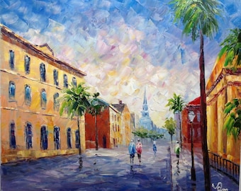 May include: A colorful oil painting depicting a street scene in a city. The street is lined with tall buildings, some with windows and others with brick facades. Palm trees line the street, and there are people walking on the sidewalk. The sky is blue with white clouds.