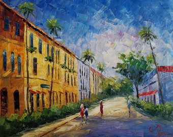 May include: A colorful oil painting depicting a street scene with yellow buildings, palm trees, and people walking on a sunny day.