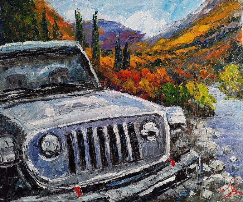 油絵【Jeep Life】1点物の原画/作者サイン入り/キャンバス油彩画 Jeep Wrangler Offroad-koking Fort-k1406-home Decor Holiday Artwork