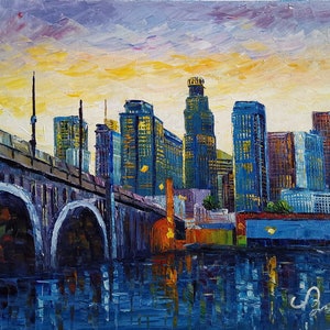 Los Angeles downtown building looking from 1st Street Bridge-KoKing FORT-k1382-Home Decor Holiday Artwork Texture Painting Dining Wall Art