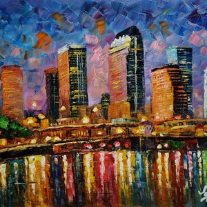 Tampa Skyline At Night FL-KoKing FORT-k605-Home Decor Holiday Artwork Texture Painting Dining Wall Art