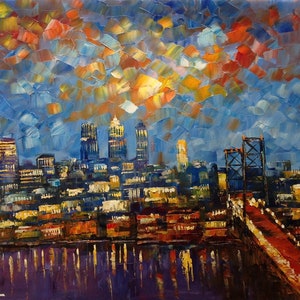 Ben Bridge and Skyline, Philadelphia PA-KoKing FORT-k12-Home Decor Holiday Artwork Texture Painting Dining Wall Art