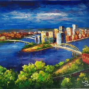 Pittsburgh Skyline in Spring-KoKing FORT-k111-Home Decor Holiday Artwork Texture Painting Dining Wall Art