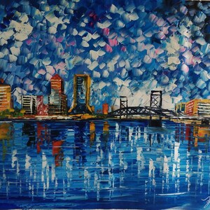 May include: A painting of a cityscape with a bridge over a river. The sky is blue with white and pink clouds. The buildings are tall and slender, and the river is reflecting the sky and buildings.