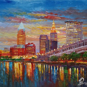 Cleveland Skyline River And Bridge At Dusk-KoKing FORT-z157-Home Decor Holiday Artwork Texture Painting Dining Wall Art