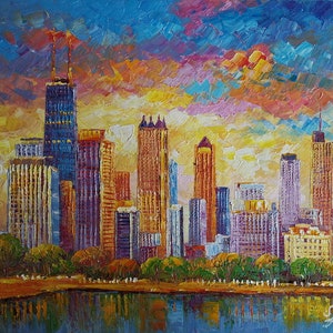 Chicago City in the Morning-KoKing FORT-z387-Home Decor Holiday Artwork Texture Painting Dining Wall Art