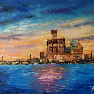 Detroit Skyline and Ambassador Bridge -KoKing FORT-x39-Home Decor Holiday Artwork Texture Painting Dining Wall Art