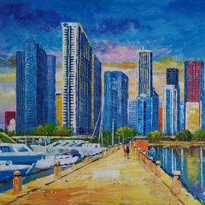 Chicago City in The Morning-KoKing FORT-z405-Home Decor Holiday Artwork Texture Painting Dining Wall Art