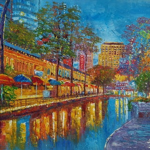 At Night, St Antonio Riverwalk, Texas-KoKing FORT-z460-Home Decor Holiday Artwork Texture Painting Dining Wall Art