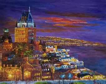 La noche en Château Frontenac, Ciudad de Quebec QC Canadá-KoKing Fort-J21-Decoración del hogar Obra de arte navideña Textura Pintura Comedor Arte mural