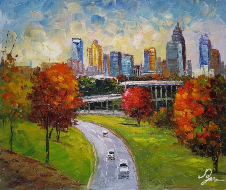 Charlotte NC-KoKing FORT-k1096-Home Decor Holiday Artwork Texture Painting Dining Wall Art Skyline from High Way