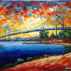 Ambassordor Bridge, Detroit to Windsor, MI-KoKing FORT-k99-Home Decor Holiday Artwork Texture Painting Dining Wall Art