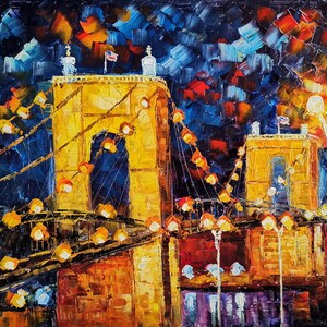 Cincinnati Suspension Bridge at Night-KoKing FORT-k1448-Home Decor Holiday Artwork Texture Painting Dining Wall Art