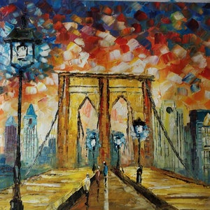 Brooklyn Bridge Sunset, NY City-KoKing FORT-k39-Home Decor Holiday Artwork Texture Painting Dining Wall Art