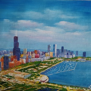 Chicago Skyline, Blue days-KoKing FORT-z432-Home Decor Holiday Artwork Texture Painting Dining Wall Art
