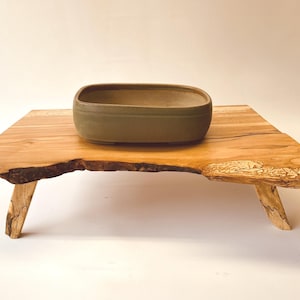 May include: A handcrafted wooden serving tray with a live edge design, supported by two angled legs. The tray features a natural wood grain and a rectangular, olive-green ceramic planter. A unique piece for home decor.