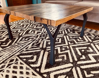 36" square coffee table with reclaimed wood and metal legs