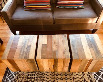 Reclaimed wood coffee table or side tables or stools